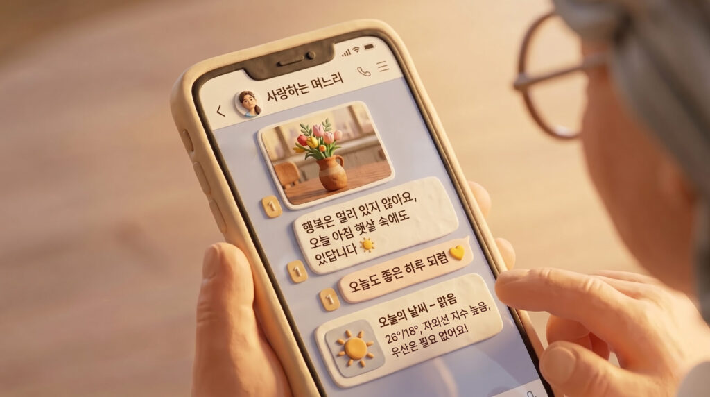 '사랑하는 며느리'에게 안부 카톡 보내는 장면.  꽃 사진과 "행복은 멀리 있지 않아요", "오늘도 좋은 하루 되렴" 같은 다정한 아침 인사, 그리고 오늘의 날씨 정보를 카톡으로 보냈지만 아직 읽지 않아 숫자 '1'이 남아 있는 스마트폰 화면을 바라보고 있는 안경 쓴 어머니의 모습.