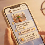 '사랑하는 며느리'에게 꽃 사진과 "행복은 멀리 있지 않아요", "오늘도 좋은 하루 되렴" 같은 다정한 아침 인사, 그리고 오늘의 날씨 정보를 카톡으로 보냈지만 아직 읽지 않아 숫자 '1'이 남아 있는 스마트폰 화면을 바라보고 있는 안경 쓴 어머니의 모습.
