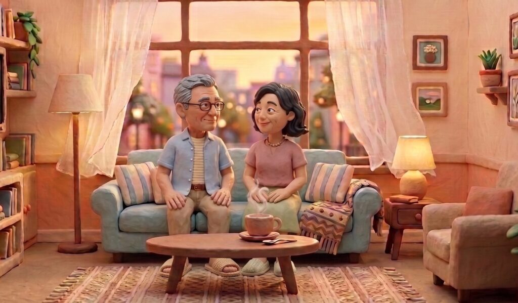 따뜻한 저녁 햇살이 들어오는 거실 소파에 나란히 앉아, 테이블에 차를 두고 서로를 다정하게 바라보며 미소 짓는 화목한 노부부의 모습
